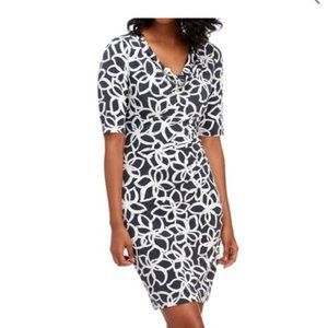 Anne Klein Draped Neck Side Ruched Sketch Floral Grey & Cream Sheath Dress | 6